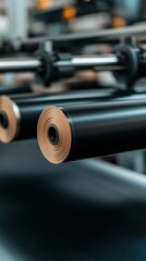 Close-up of modern printing press rollers in a sleek industrial setting. The image highlights the intricate details with a focus on metallic and smooth surfaces.