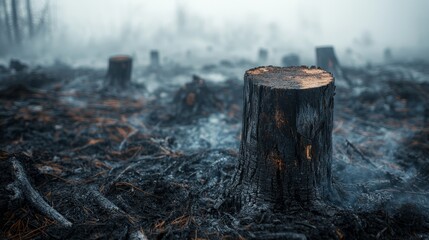 Obraz premium Charred Tree Remains in a Misty Forest Highlighting Deforestation Impact