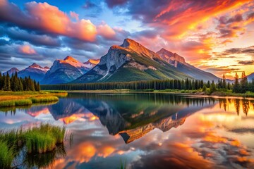 Fototapeta premium Majestic Vermilion Lakes Banff Mountain View - Breathtaking Sunrise Landscape