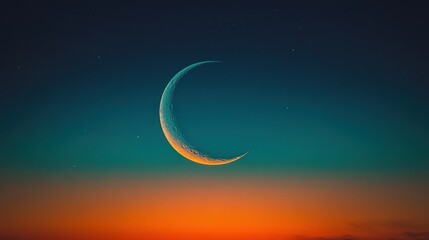A vibrant crescent moon glows against a teal and orange sunset sky. Ideal for desktop wallpapers, social media posts, or website banners showcasing tranquility and natural beauty.