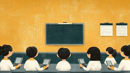 A classroom scene featuring students engaged with tablets, facing a blackboard, against a warm yellow wall.
