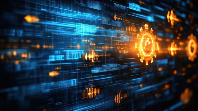 Abstract futuristic technology background with glowing digital gears and data streams. Ideal for website banners or technology presentations showcasing innovation and automation.