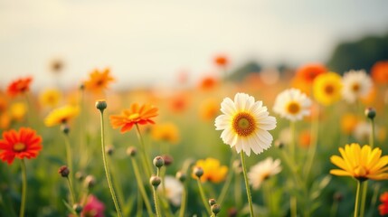 Fototapeta premium Beautiful Spring Flower Field with Colorful Blossoms and Sunshine