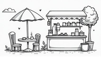 Outdoor Coffee Shop Sketch, Coloring Page, Line Art Illustration, isolated white background, Coloring Page, Line Art Illustration, isolated white background