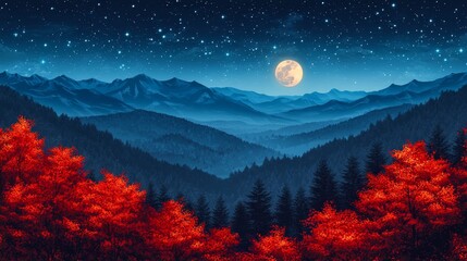 Full Moon Illuminates Red-Leafed Trees and Misty Mountain Ranges at Night