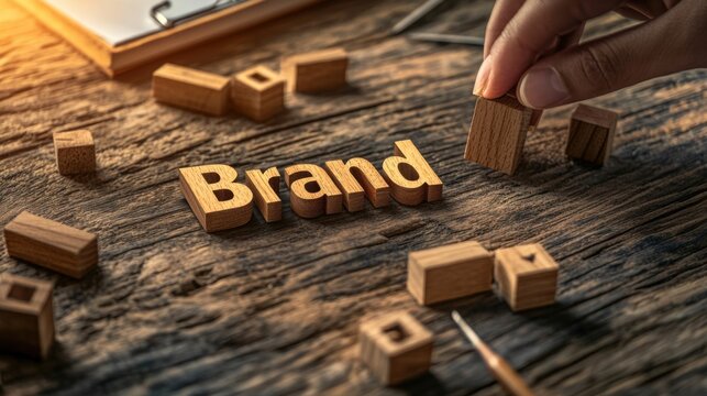 Building a Strong Brand Identity: Wooden Blocks Spelling Brand on Rustic Wood