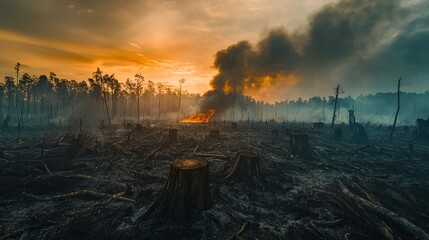Devastated Forest Landscape with Smoke and Tree Stumps