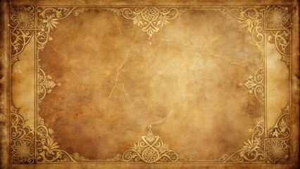 Antique Decorated Parchment Background Aged Texture with Intricate Gold Filigree Frame for Design Projects