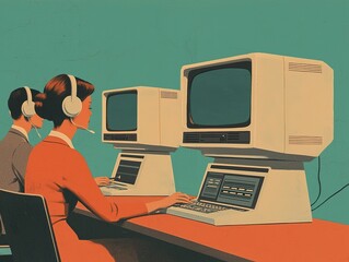 A retro illustration featuring two individuals working at vintage computers, wearing headsets, set against a solid teal background.