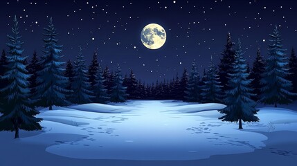 Naklejka premium Full Moon Illuminating a Snowy Winter Forest at Night
