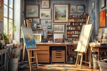 Art studio corner with a canvas in progress, surrounded by paint tubes.
