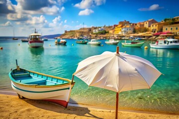 Obraz premium Marsaxlokk Malta Beach: White Umbrella, Sea, Boats - High-Resolution Stock Photo