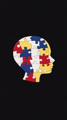 A profile of a human head filled with multicolored jigsaw puzzle pieces, representing cognitive psychology on a black background.