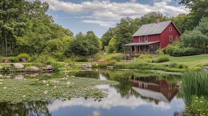 Fototapeta premium Red Farmhouse Reflected in a Tranquil Pond