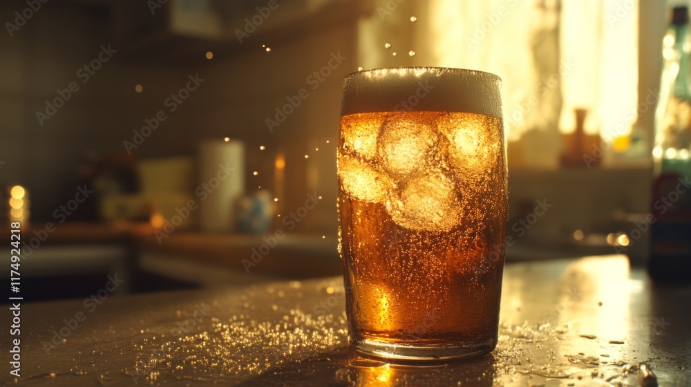 Poster a chilled beer glass with ice, condensation forming on the outside, placed on a countertop with a wa