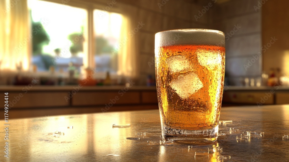 Poster a chilled beer glass with ice, condensation forming on the outside, placed on a countertop with a wa
