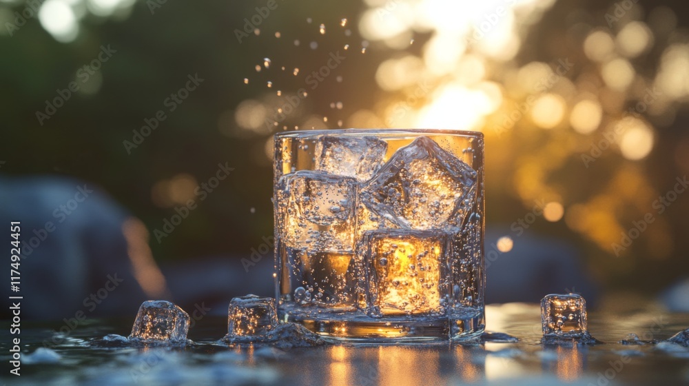 Poster a chilled glass of soda filled with large ice cubes and sparkling bubbles, sitting on a cool, smooth