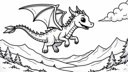 Cute Cartoon Dragon Flying Over Mountains, Coloring Page, Line Art Illustration, isolated white background, Coloring Page, Line Art Illustration, isolated white background