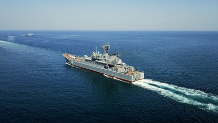 drone view - landing warship at sea