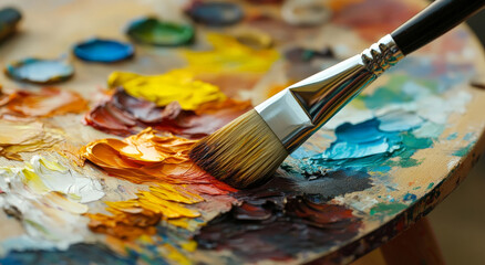 Obraz premium close-up of a paintbrush on an artist's palette filled with vibrant oil paints in various colors. The image captures the texture of the paint and the creativity of an artistic process
