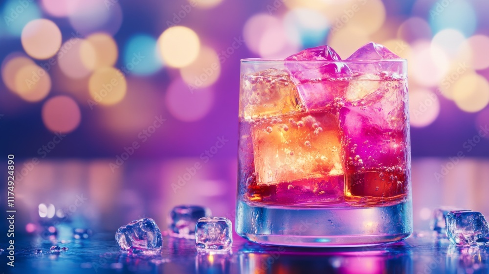 Poster a chilled glass of soda filled with large ice cubes and sparkling bubbles, sitting on a cool, smooth