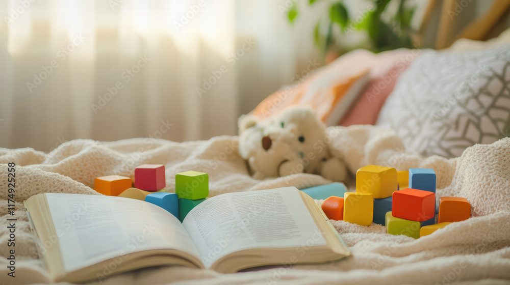 Poster cozy bed with colorful toy blocks and open storybook creates playful atmosphere. soft textures and w