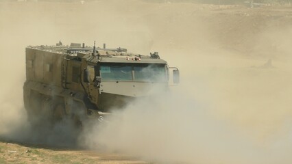 modern landing vehicle in the dust