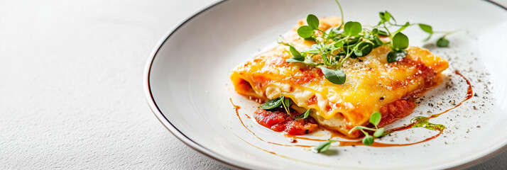 Golden manicotti topped with microgreens on elegant plate, indulgent meal