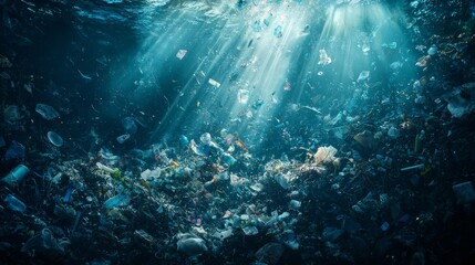 Obraz premium Underwater View of Plastic Pollution and Marine Debris Crisis