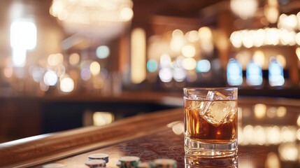 Opulent Casino Bar with Chandelier and Gaming Tables