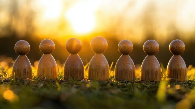 Wooden Figures at Sunset: A Symbol of Unity and Teamwork during Golden Hour