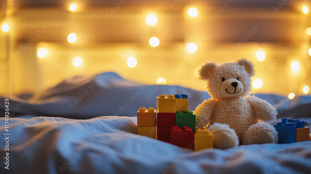 Poster charming arrangement of building blocks and teddy bear on cozy bed, illuminated by soft fairy lights