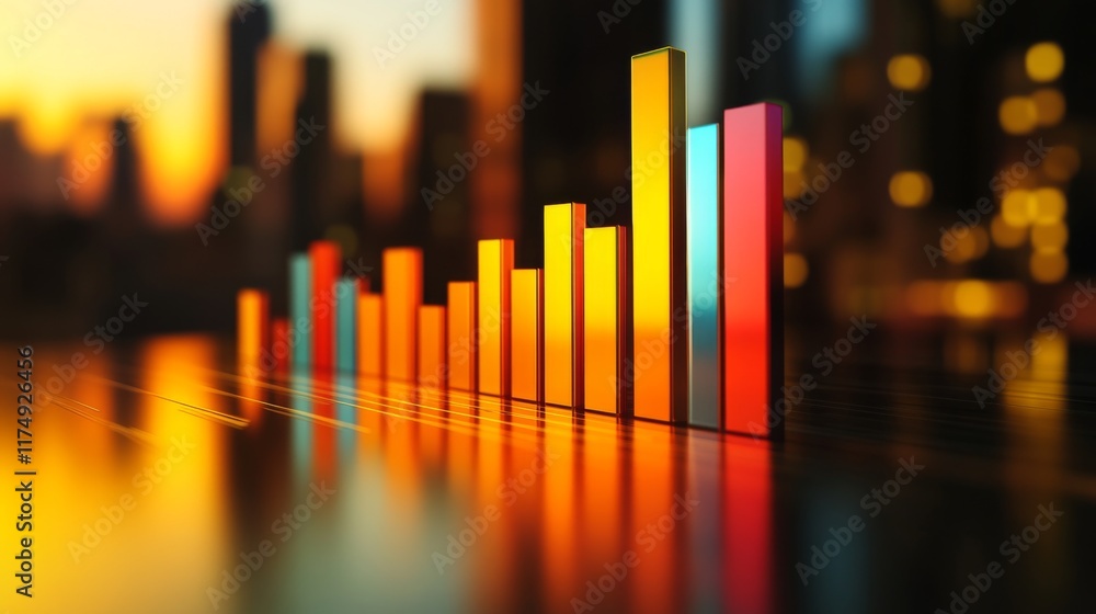 Poster A clean, modern D bar graph with light reflections and sharp edges, showing market fluctuations in vivid colors with a sleek design