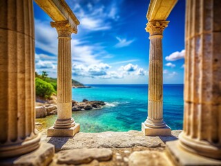 Fototapeta premium Miniature Beachscape: Ancient Columns Framing Coastal View - Copy Space