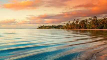 Calm tropical sea with small waves at sunrise or sunset, palm trees along the shore, and soft sand