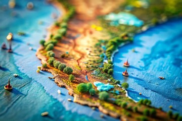 Miniature Chile Map: Tilt-Shift Blue Background Stock Photo