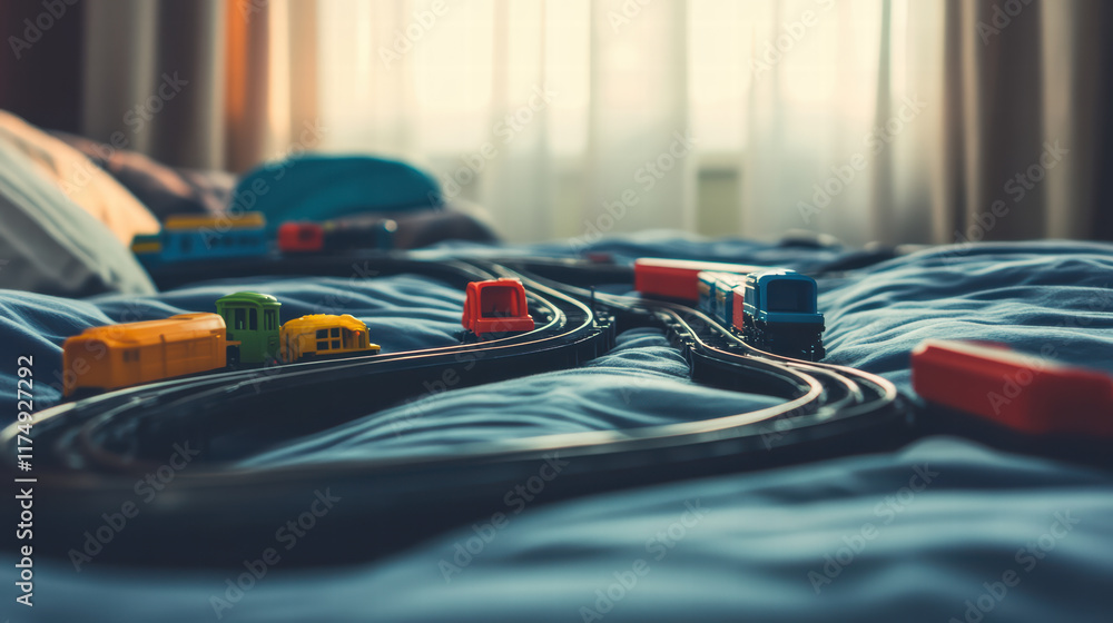 Poster collection of colorful toy trains and tracks arranged on bed, creating playful scene. soft bedding a