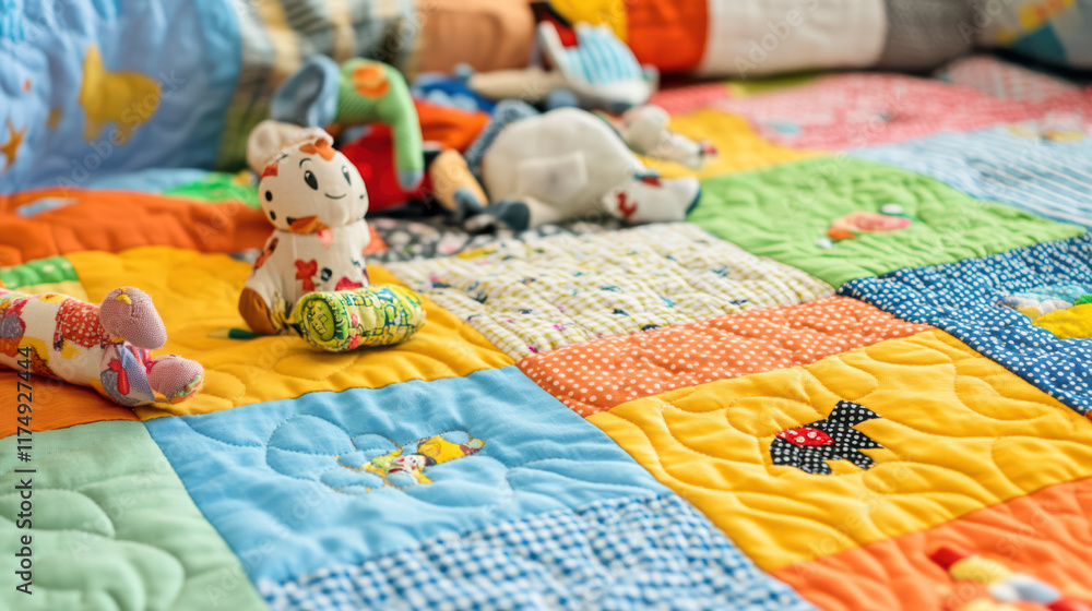 Poster colorful quilt with various toys scattered on top, creating playful and inviting atmosphere for chil