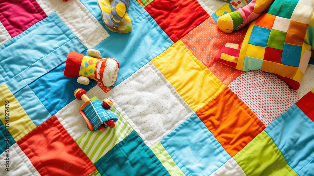 Poster colorful quilt with various toys scattered on top, creating playful and vibrant atmosphere. bright c