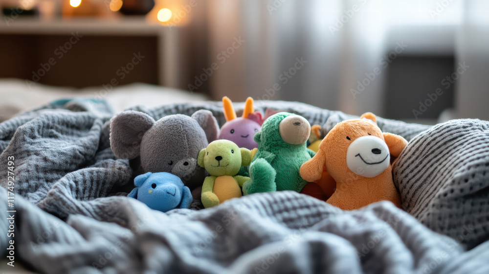 Poster cozy bed featuring colorful array of soft toy animals, inviting warmth and comfort. perfect for chil