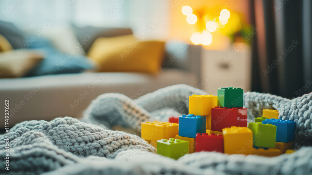 Poster cozy bed with colorful toy blocks creates playful atmosphere, inviting creativity and fun. soft blan