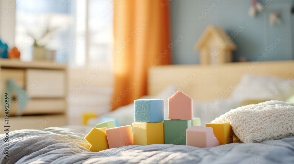 Poster cozy bed adorned with colorful array of toy blocks invites playfulness and creativity in bright, che