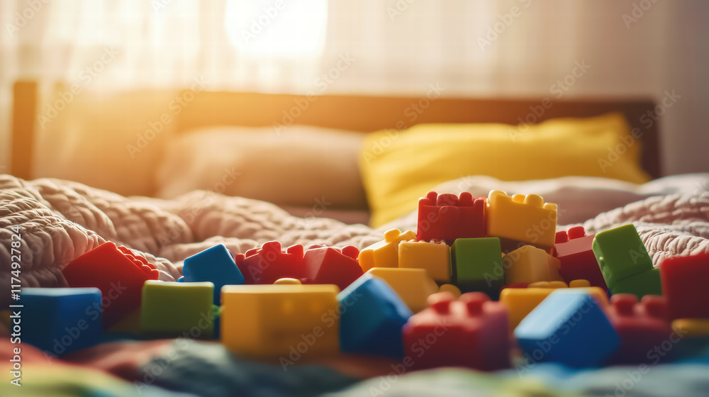 Poster cozy bed with colorful array of toy blocks inviting play and creativity. warm sunlight enhances chee