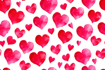 Watercolor heart pattern, vibrant red hearts, romantic design, seamless background, love theme, festive decoration.