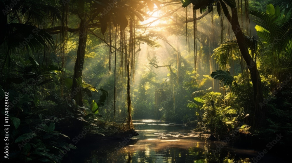 Poster dense tropical rainforest with sunlight filtering through the canopy