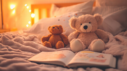 cozy scene of bed with plush toys and storybook, creating warm and inviting atmosphere perfect for bedtime stories. soft lighting adds to comforting vibe