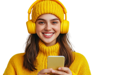 Cheerful woman in bright yellow headphones, smiling brightly, holding a smartphone, with a plain white background.

