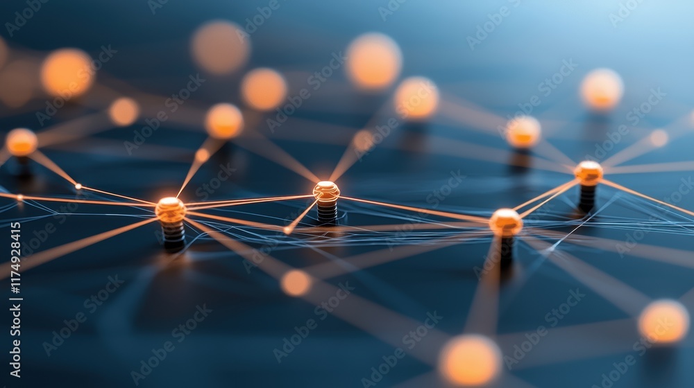 Poster a complex network of interconnected nodes and glowing lines spanning across a dark blue background, 