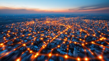 An aerial view of a cityscape illuminated by glowing lines representing digital connections, showcasing the pervasiveness of digital networks in urban environments.