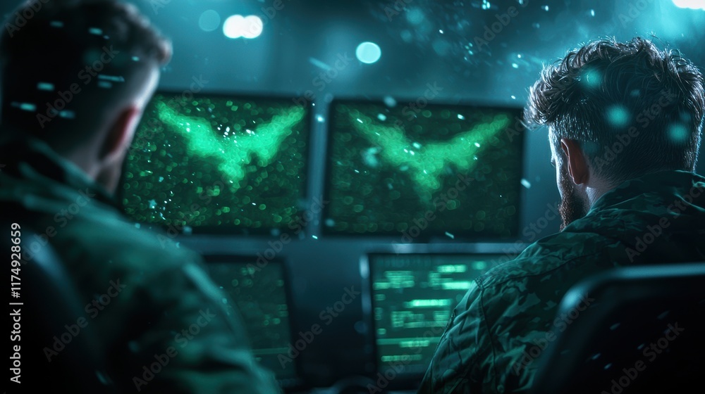 Poster a team of cybersecurity professionals working in a darkened room filled with computer screens, analy